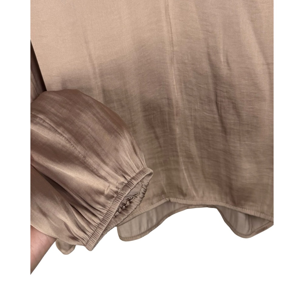 Banana Republic Taupe Champagne Satin V-Neck Blouse Bishop Sleeve Small - Picture 6 of 7